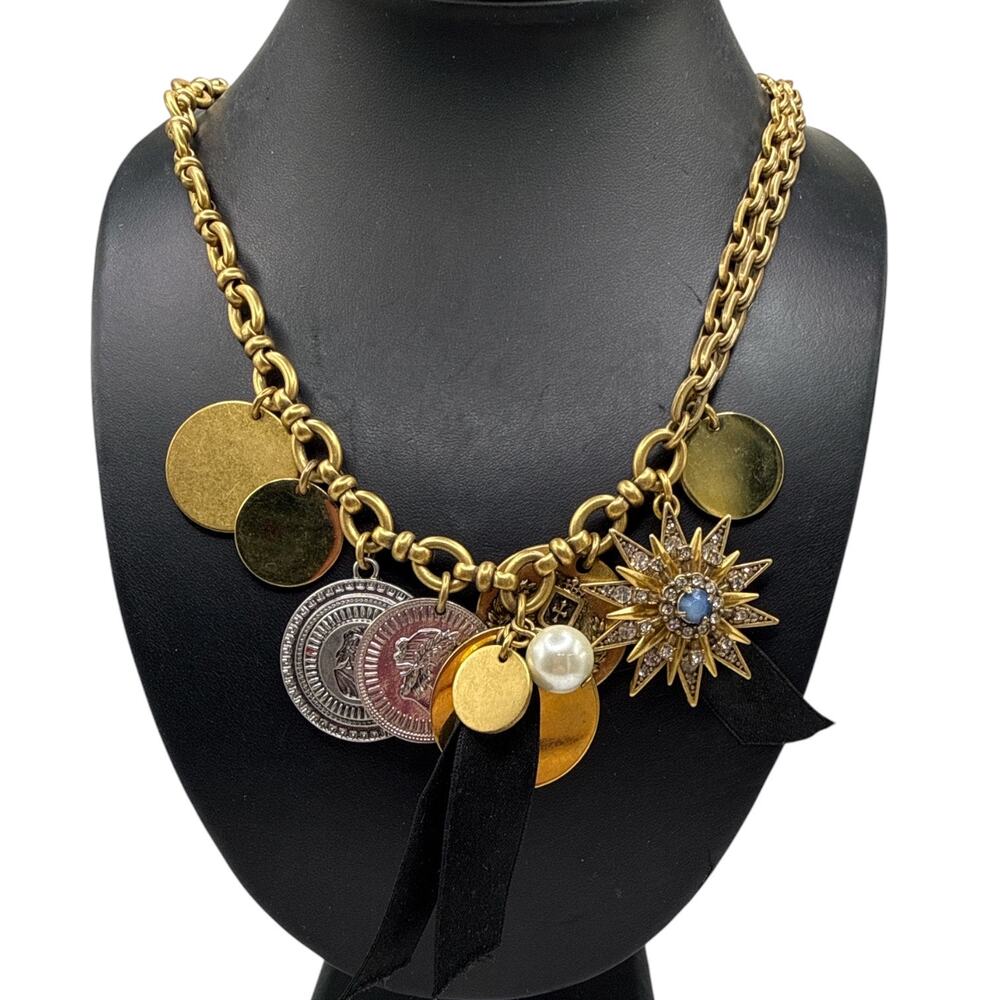 J. CREW Antique Gold Coin Starburst Charm Necklace Ribbon Pearl Crest Statement⁠
